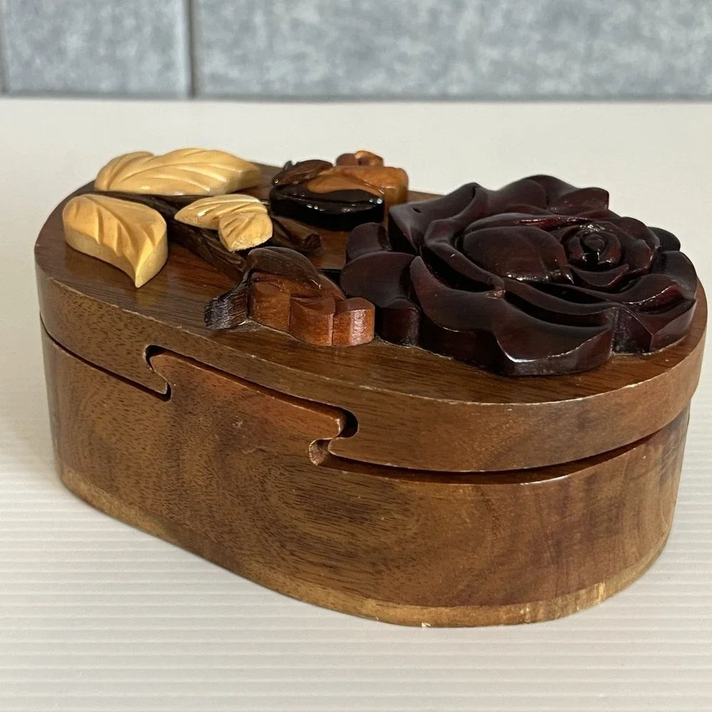 Handcrafted Wooden Floral Puzzle Box with Carved Rose and Red Velvet Lining
